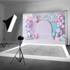 Lofaris Candy Land Backdrop Sweet Pink and Blue Cotton Lollipops Birthday Cake Smash Background