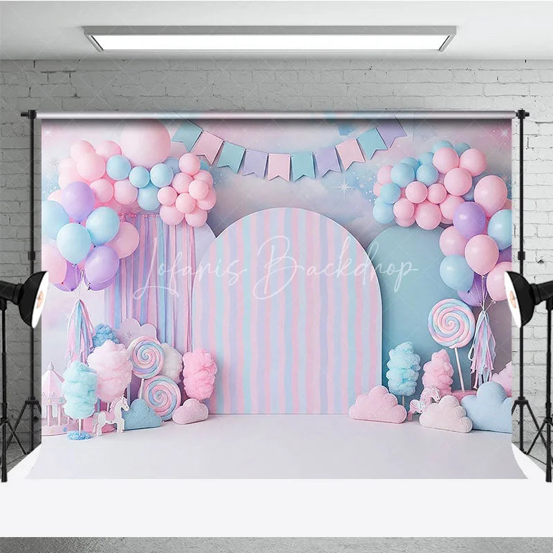Lofaris Candy Land Backdrop Sweet Pink and Blue Cotton Lollipops Birthday Cake Smash Background