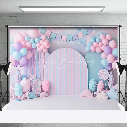 Lofaris Candy Land Backdrop Sweet Pink and Blue Cotton Lollipops Birthday Cake Smash Background