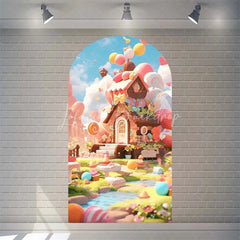 Lofaris Candyland House Arch Backdrop for Birthday Party Whimsical Sweet Shoppe with Rainbow Candy Castle Photo Booth