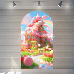 Lofaris Candyland House Arch Backdrop for Birthday Party Whimsical Sweet Shoppe with Rainbow Candy Castle Photo Booth