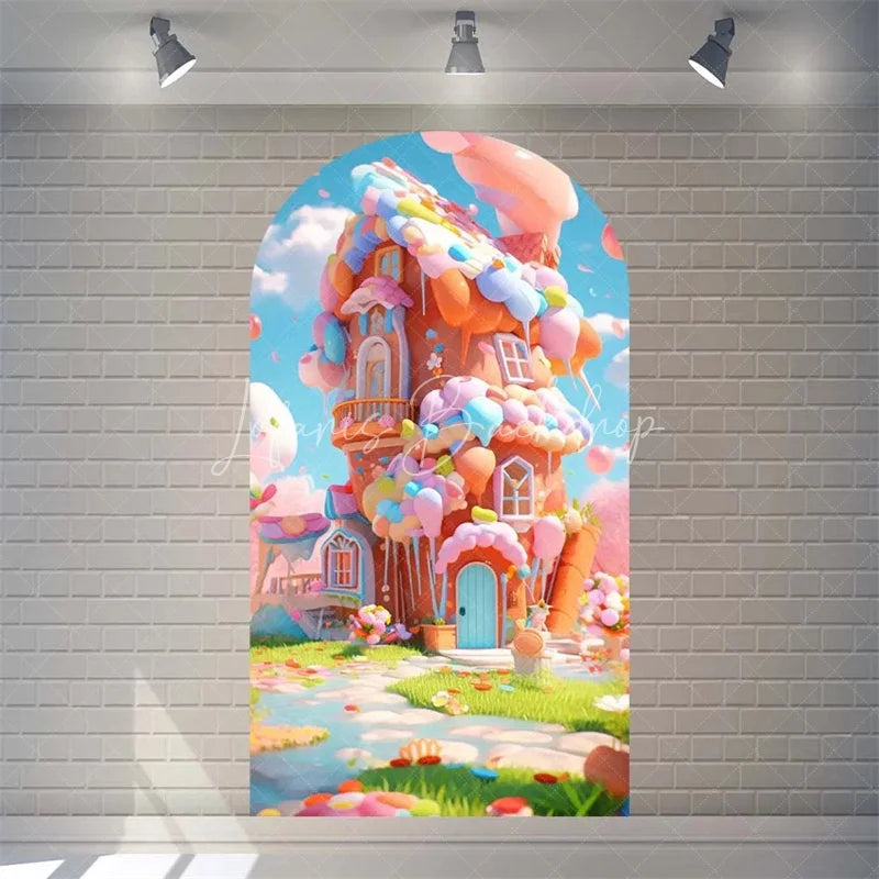 Lofaris Candyland House Arch Backdrop for Birthday Party Whimsical Sweet Shoppe with Rainbow Candy Castle Photo Booth