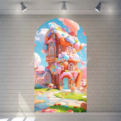 Lofaris Candyland House Arch Backdrop for Birthday Party Whimsical Sweet Shoppe with Rainbow Candy Castle Photo Booth