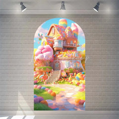Lofaris Candyland House Arch Backdrop for Birthday Party Whimsical Sweet Shoppe with Rainbow Candy Castle Photo Booth