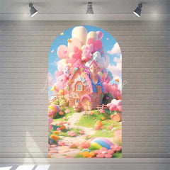 Lofaris Candyland House Arch Backdrop for Birthday Party Whimsical Sweet Shoppe with Rainbow Candy Castle Photo Booth