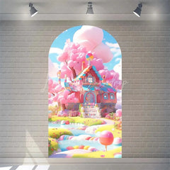 Lofaris Candyland House Arch Backdrop for Birthday Party Whimsical Sweet Shoppe with Rainbow Candy Castle Photo Booth