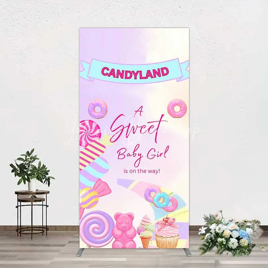Lofaris Candyland Sweet Baby Girl is on the Way Rectangle Backdrop Pink One Donut and Candy Party Decorations
