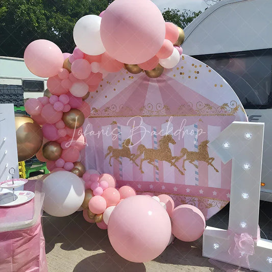 Lofaris Carousel First Birthday Round Backdrop Pink and Gold Glitter Horse Banner Merry Go Carnival Party Photo Prop