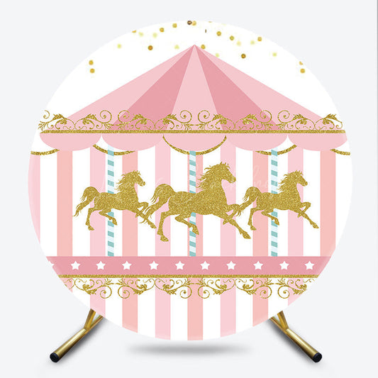 Lofaris Carousel First Birthday Round Backdrop Pink and Gold Glitter Horse Banner Merry Go Carnival Party Photo Prop