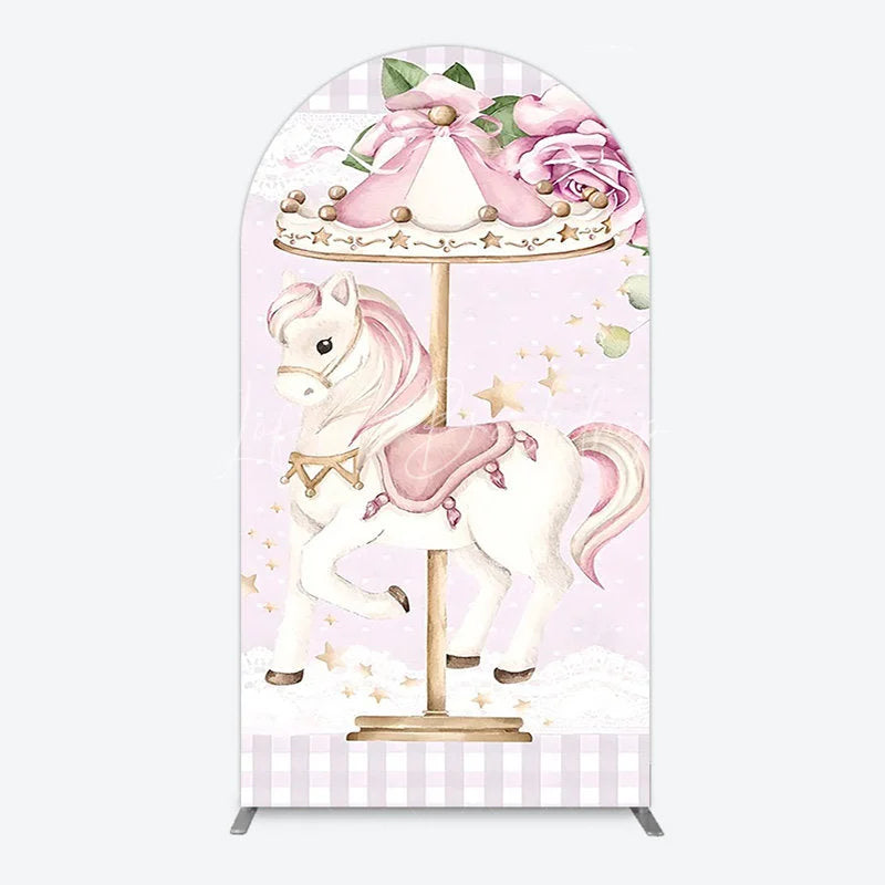 Lofaris Carousel Horse Arch Backdrop for Kid Baby Shower Merry Go Round Birthday Pink Gingham Party Decor