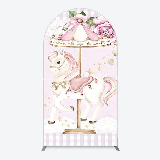 Lofaris Carousel Horse Arch Backdrop for Kid Baby Shower Merry Go Round Birthday Pink Gingham Party Decor