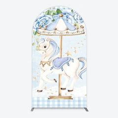 Lofaris Carousel Horse Arch Backdrop for Kid Baby Shower Merry Go Round Birthday Pink Gingham Party Decor