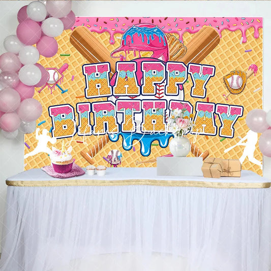 Lofaris Cartoon Baseball Theme Happy Birthday Backdrop with Pink and Blue Dessert Sprinkles Waffle Cone Party Decor