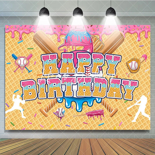 Lofaris Cartoon Baseball Theme Happy Birthday Backdrop with Pink and Blue Dessert Sprinkles Waffle Cone Party Decor