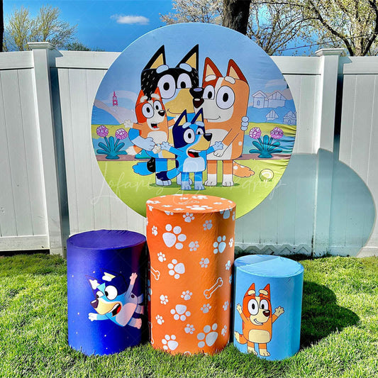 Lofaris Cartoon Blue Dog Birthday party Round Backdrop Kit