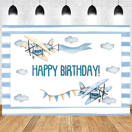 Lofaris Cartoon Blue Sky Airplane Happy Birthday Backdrop White Clouds Party Decor Kids Photo Prop