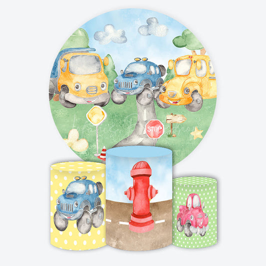 Lofaris Cartoon Car Path Round Happy Birthday Backdrop Kit