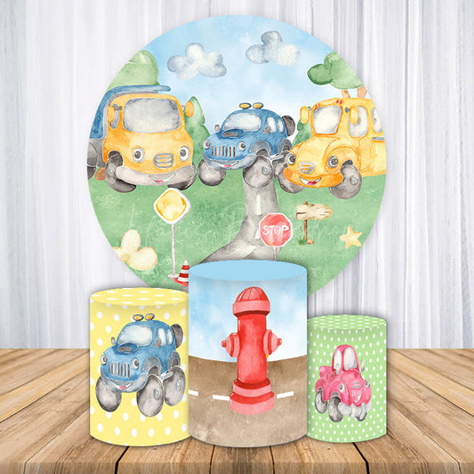 Lofaris Cartoon Car Path Round Happy Birthday Backdrop Kit