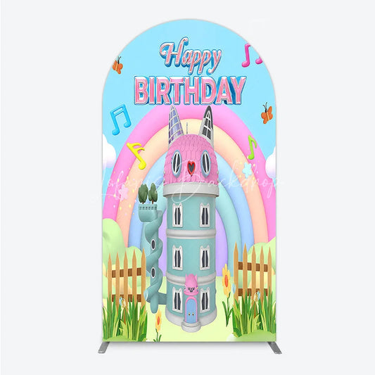 Lofaris Cartoon Cat Castle Arch Backdrop Rainbow Music Notes Birthday Party Decor Blue Sky Theme Background for Girls