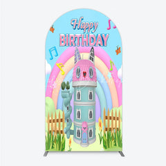 Lofaris Cartoon Cat Castle Arch Backdrop Rainbow Music Notes Birthday Party Decor Blue Sky Theme Background for Girls