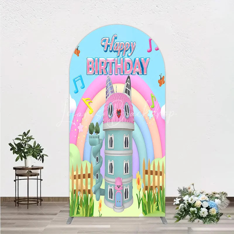Lofaris Cartoon Cat Castle Arch Backdrop Rainbow Music Notes Birthday Party Decor Blue Sky Theme Background for Girls