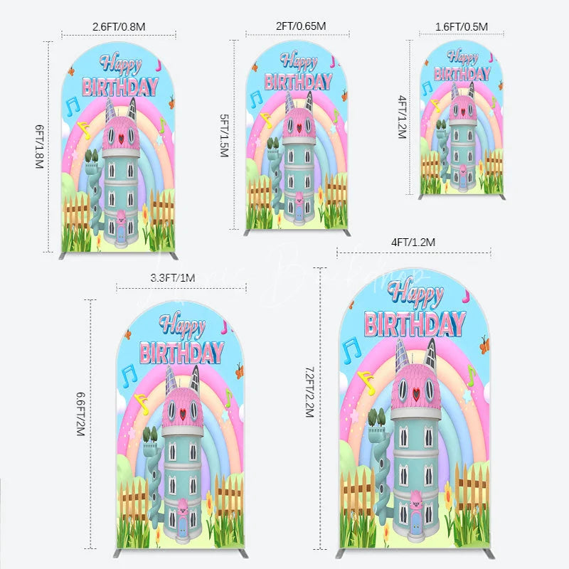 Lofaris Cartoon Cat Castle Arch Backdrop Rainbow Music Notes Birthday Party Decor Blue Sky Theme Background for Girls