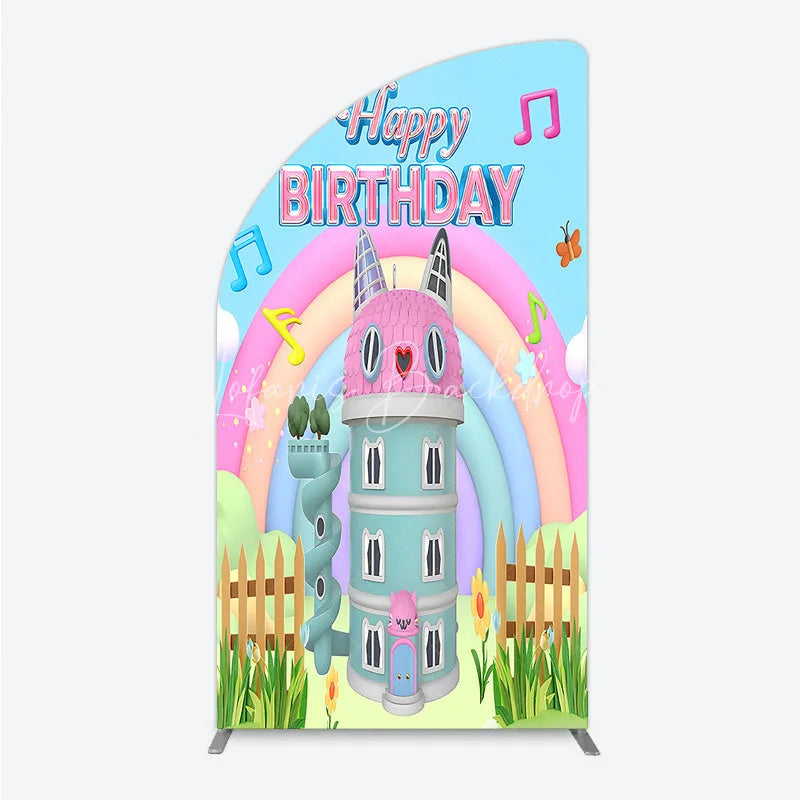 Lofaris Cartoon Cat Castle Half Moon Arch Backdrop Rainbow Music Notes Birthday Party Decor Blue Sky Theme Background for Girls