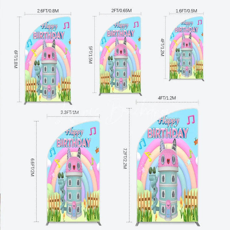 Lofaris Cartoon Cat Castle Half Moon Arch Backdrop Rainbow Music Notes Birthday Party Decor Blue Sky Theme Background for Girls