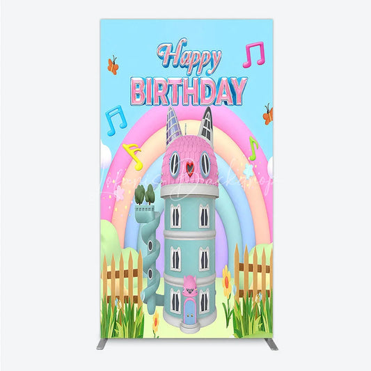 Lofaris Cartoon Cat Castle Rectangle Backdrop Rainbow Music Notes Birthday Party Decor Blue Sky Theme Background for Girls