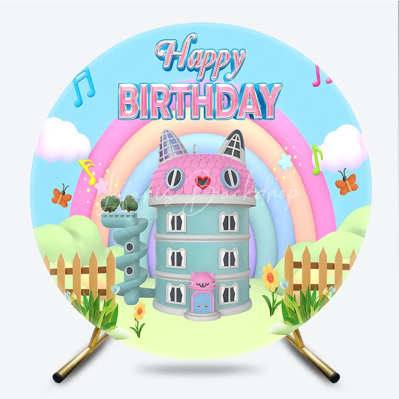 Lofaris Cartoon Cat House Round Backdrop Rainbow Music Note Birthday Decoration Magic Dollhouse Background