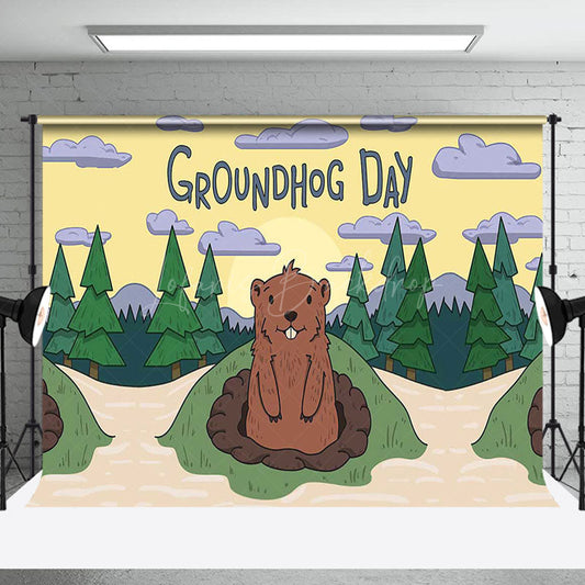 Lofaris Cartoon Forest Clouds Happy Groundhog Day Backdrop