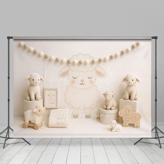 Lofaris Cartoon Lambs White Photography Cake Smash Backdrop