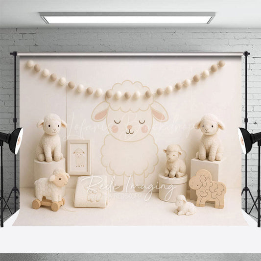 Lofaris Cartoon Lambs White Photography Cake Smash Backdrop