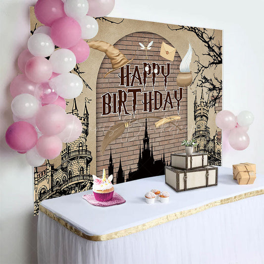 Lofaris Cartoon Magic Academy Castle Happy Birthday Backdrop