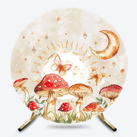Lofaris Cartoon Mushroom World Circle Night Party Backdrop