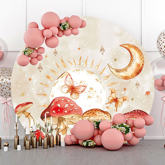Lofaris Cartoon Mushroom World Circle Night Party Backdrop