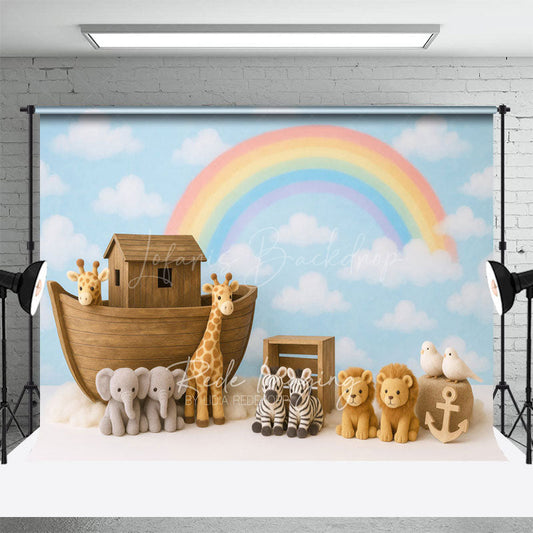 Lofaris Cartoon Noahs Ark Rainbow Sky Cake Smash Backdrop