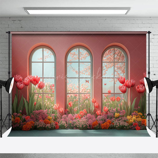 Lofaris Cartoon Oil Painting Tulip Pink Room Window Backdrop