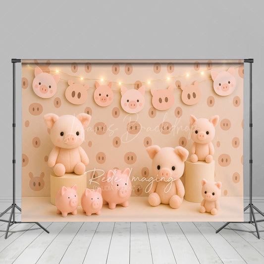 Lofaris Cartoon Pigs Lightings Sweet Cake Smash Backdrop
