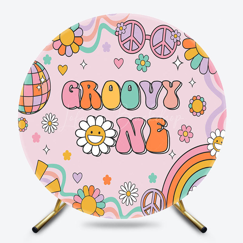 Lofaris Cartoon Pink Daisy Groovy One Round Birthday Backdrop