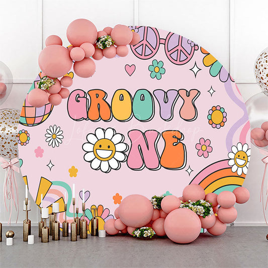 Lofaris Cartoon Pink Daisy Groovy One Round Birthday Backdrop