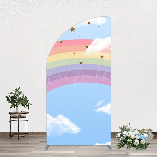 Lofaris Cartoon Rainbow Blue Sky Glitter Stars Half Moon Arch Backdrop