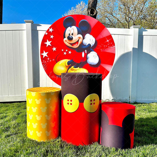 Lofaris Cartoon Red Stars Birthday Party Round Backdrop Kit