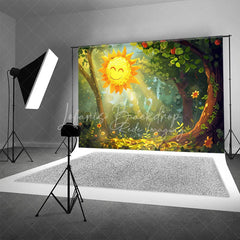 Lofaris Cartoon Smiling Sun Forest Backdrop Cute Sunbeams Green Woods Photography Background for Baby Shower Party