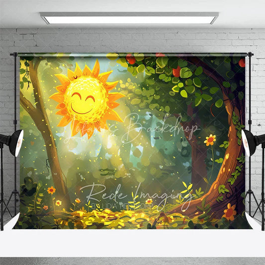 Lofaris Cartoon Smiling Sun Forest Backdrop Cute Sunbeams Green Woods Photography Background for Baby Shower Party