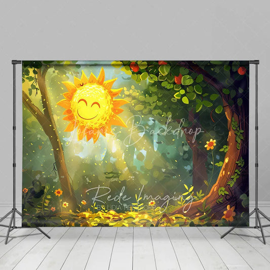 Lofaris Cartoon Smiling Sun Forest Backdrop Cute Sunbeams Green Woods Photography Background for Baby Shower Party