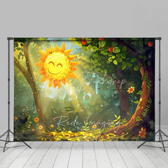 Lofaris Cartoon Smiling Sun Forest Backdrop Cute Sunbeams Green Woods Photography Background for Baby Shower Party