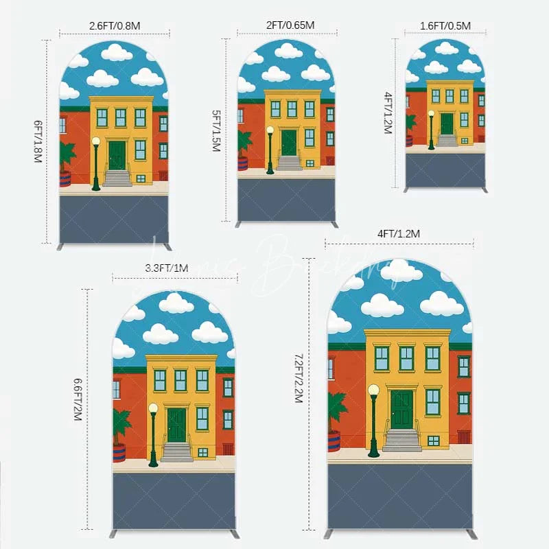 Lofaris Cartoon Street and House Arch Backdrop Neighborhood Building Photography Background