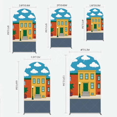 Lofaris Cartoon Street and House Arch Backdrop Neighborhood Building Photography Background