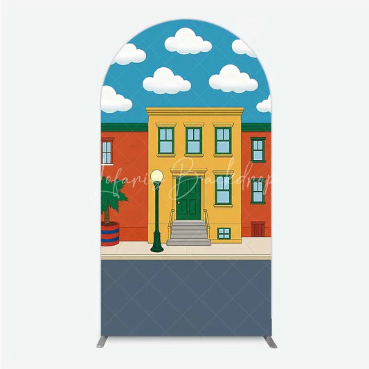 Lofaris Cartoon Street and House Arch Backdrop Neighborhood Building Photography Background